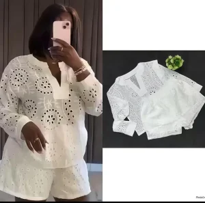 Women’s Casual White Outfits Long Sleeve Shirt and Shorts 2 Piece Set