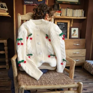 Women’s Casual Winter Cardigan Sweater Low MOQ Cherry Decoration Hand Knit Chunky Knitted Front Logo Button