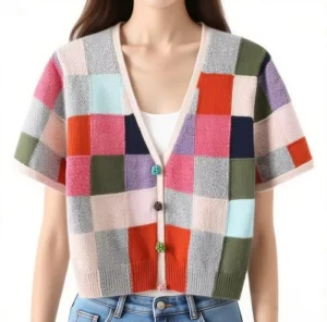 Women’s Casual Winter Long Thin Pullover Knit Top V-Neck Short Sleeve Fashionable Chessboard Pattern Patchwork Color