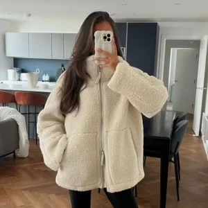 Women’s Casual Winter Printed Faux Sheep Fur Full Sleeve Soft Zipper Coat Factory Price