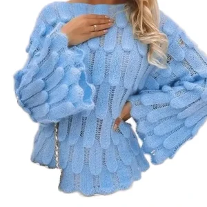 Women’s Casual Winter Sweater Breathable High Knitted Semi-Sheer Autumn Boat Neck Bell Sleeve