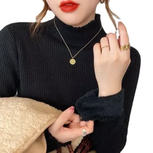 Women’s Casual Winter Sweater with Half High Collar Thick Knitted One Piece Fleece Bottom Warm Cotton Padded Top