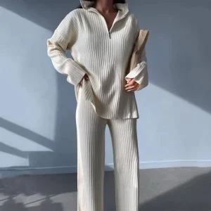 Women’s Casual Winter Sweaters Set Rib Half Zipper Pullover Regular Sleeves Oversized Flare Pants