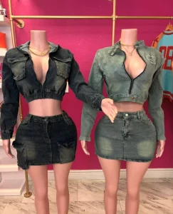 Women’s Casual Y2K Denim Jacket and Mini Skirt Sets Skinny Fit with Stretch Zipper Crop Jacket Outfits