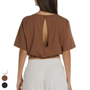 Women’s Casual Yoga Clothing Hollow Out Back Tshirt Drawstring Waist Outdoor Running Sports Short Sleeve Crop Top Women T Shirt