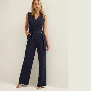 Women’s Chalk Stripe Jumpsuit Custom Sleeveless Belted Romper with Tie Waist Tailored Custom Italian Linen Work Office Jumpsuit