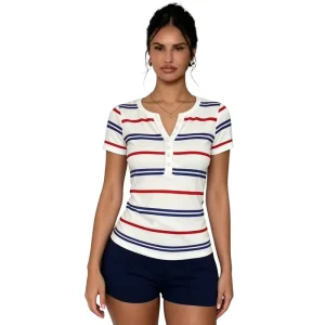 Women’s Character Henley Neck Loose Fit Denim High Waist T-Shirt Shorts 2-Piece Set Casual Short Sleeve Knit Top