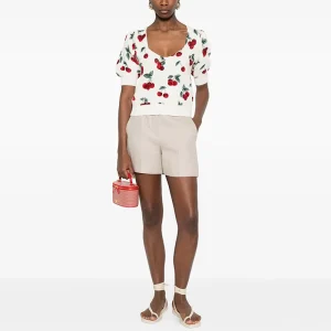 Women’s Cherry Print Puff Sleeve Knit Top V Neck Short Sleeve Sweater Casual Summer Pullover Blouse Knitwear Tops