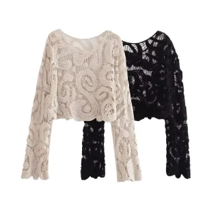 Women’s Chic Cropped Semi-Sheer Crochet Knit Sweater Vintage O Neck Long Sleeve Pullovers Fashionable Tops