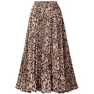 Women’s Chic Elastic High Waisted A Line Leopard Print Pleated Shirring Midi-Long Skirt