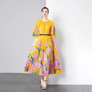Women’s Chiffon Crew Neck Ruched Floral Print Bohemian Knee Length Loose Pleated Dress Lantern Sleeves