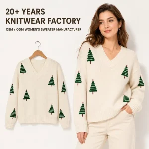 Womens Christmas Tree Sweater V Neck Cream Knitted Top Holiday Festive Minimalist Elegant Ladies Apparel Custom Supplier