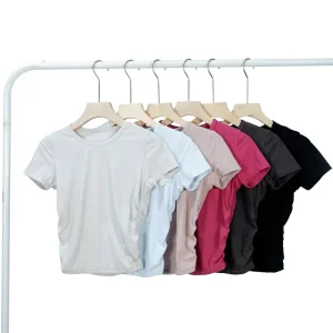 Women’s Cinched Waist Short-Sleeve Slimming Ribbed Spandex/Nylon T-Shirt High-Waisted Cropped Quick-Dry Yoga Wear Outdoor Sports