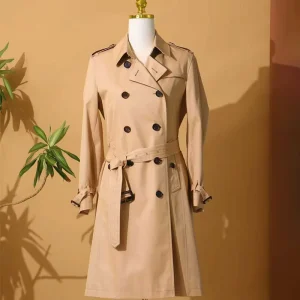 Women’s Classic Beige Trench Coat Double Breasted Long Belted Overcoat Fashion Windbreaker OEM Custom Winter Jacket