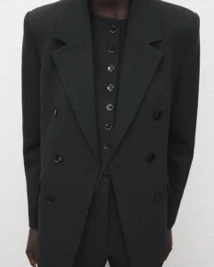 Women’s Classic Double Breasted Charcoal Blazer Notched Lapel Work Coat Flap Pockets Manufacturer Supply