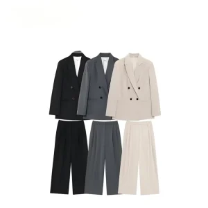 Women’s Classic Double-Breasted Suit Set Blazer and Wide-Leg Pants Two-Piece for Office Professional Formal Chic