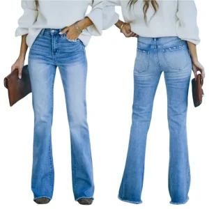 Women’s Classic Five-Bag Style Denim Pants Blue Washed Flare Jeans Raw Opening Leg Mid-Length Waist Vintage Jeans