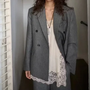 Women’s Classic Grey Double Breasted Houndstooth Blazer Notched Lapel Work Coat with Flap Pockets Supplier