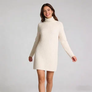 Women’s Classic Straight Simple Knee-Length Raglan-sleeve Roll-neck Knitted Dress
