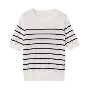 Women’s Classic Striped Knit Top for Spring Summer Round Neck Casual Short Thin Pullover with Short Sleeves