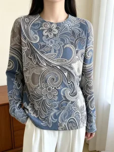 Women’s Classic Vintage Bohemian Paisley Floral Print Knit Sweater Casual Crewneck Oversized Long Sleeve All Match Knitwear
