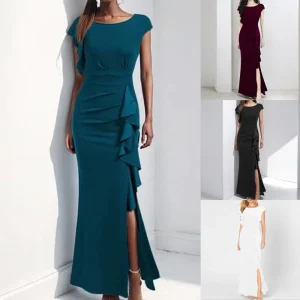 Women’s Classy Fashion Asymmetric Solid Colour High Waist Round Neck Ruffle Dresses Floor Length with Slits