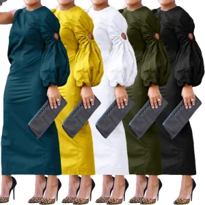 Women’s Clothing Autumn New Solid Color Single Sleeve Hollow-out Side Slit Plus Size Dress