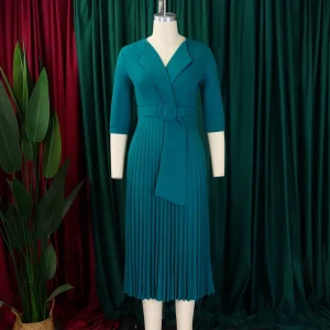 Women’s Clothing Autumn and Winter New OL Fashion Suit Collar Pleated Waist Plus Size African Dress