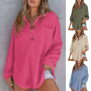 Women’s Clothing Autumn and Winter Waffle Knit Tops Ladies Shirt Button Tops