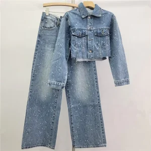 Women’s Clothing Casual Rhinestone Short Jacket High Waist Loose Jeans Denim Two Piece Sets
