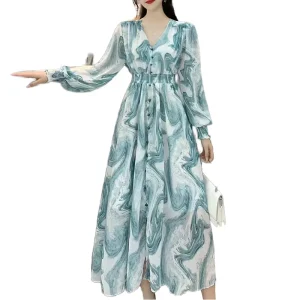 Women’s Clothing Dresses Women Floral Print Long Sleeved Chiffon Sleeves Girl Casual Dress