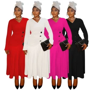 Women’s Clothing Fall V-neck Waist Trimming Fashion Pleated Long Dress Plus Size Dress