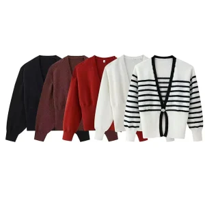 Women’s Clothing Fashion Color Block Striped Knit Sweater Retro V Neck Casual Women’s Top