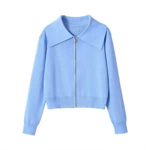 Women’s Clothing Fashionable Rosé Zipper Knit Sweater Trendy Long Sleeve Casual Women’s Top