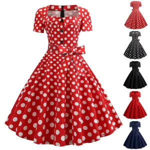 Women’s Clothing Hepburn Square Collar Short Sleeve Natural Color Belt Waist Swing Polka Dot Retro Dress
