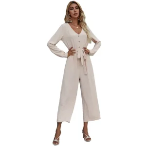 Women’s Clothing High Waist Jumpsuit Casual V Neck Long Sleeve Button Belted Wide Leg Pants Women’s Jumpsuits