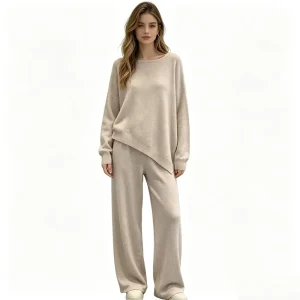 Women’s Clothing Knit 2 Piece Loungewear Set Loose Fit Beige Soft Crewneck Sweater Wide Leg Pants Casual Outfit for Spring Fall