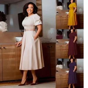 Women’s Clothing Ladies Elegant Temperament Casual Dresses Solid Color Plus Size A line Waist Big Puff Short Sleeve Office Dress