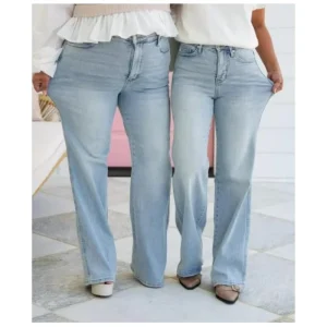Women’s Clothing Light Blue Washed Straight Tube Elastic Jeans High Waisted
