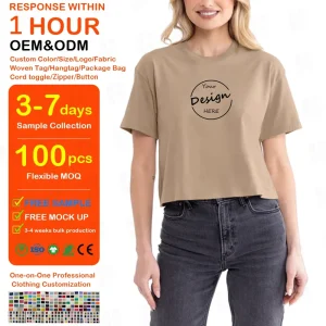 Women’s Clothing Manufacturer Custom DTG Print Fitness T Shirt Short Sleeve Fitted Crop Top Running Sport Gym Cotton Crop Top