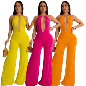 Women’s Clothing New Fashion Style Jumpsuit Long Pants Solid Color Sexy Casual Style