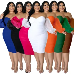 Women’s Clothing Plus Size 4XL Mesh Long Sleeve Dress Tight Fit Ruched Bodycon Street Wear Pleated Dress Women
