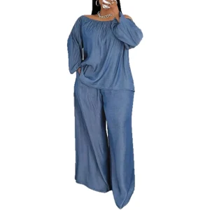 Women’s Clothing Plus Size Off-Shoulder Bow Top Long Pants Casual Loose Two Piece Set Spring