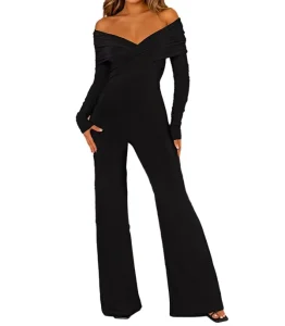 Women’s Clothing Solid Color V neck Chest Cross Breathable Midi Waist Long Sleeves Jumpsuit