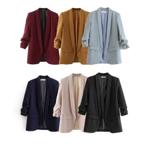 Women’s Clothing Spring Autumn European American Style Buttonless Pleated Sleeve Blazer