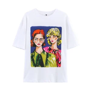 Women’s Clothing Spring Girl Print T Shirt Women Short Sleeve O Neck Colorful Beauty Girl Loose Tee Shirt Lady Mujer