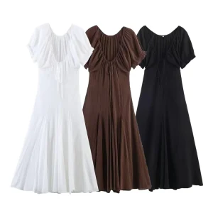 Women’s Clothing Spring New Casual Simple V neck Midi Dress 0881344