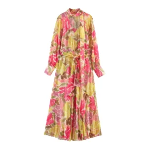Women’s Clothing Spring New Fashion Sweet Floral Print Bow Belt Long Sleeve Dress