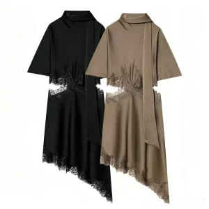 Women’s Clothing Spring New Fashionable and Elegant Lace Trimmed Satin Dress 5919041