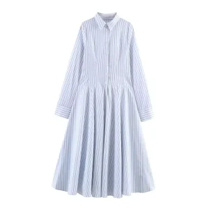 Women’s Clothing Spring Simple Striped Shirt Style Midi Dress 3067331